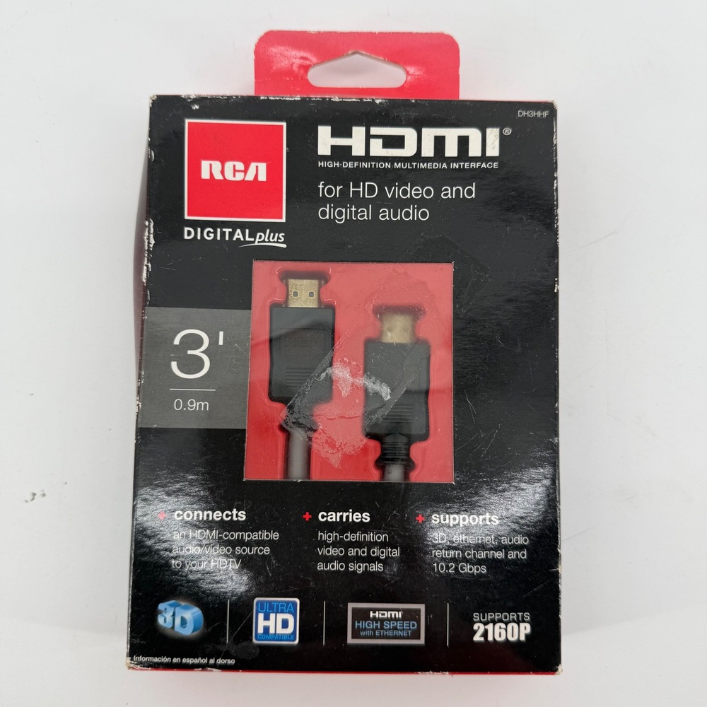 RCA Digital Plus 3ft HDMI Cable High Speed with Ethernet‎ 2160p 3D DH3HHF Black